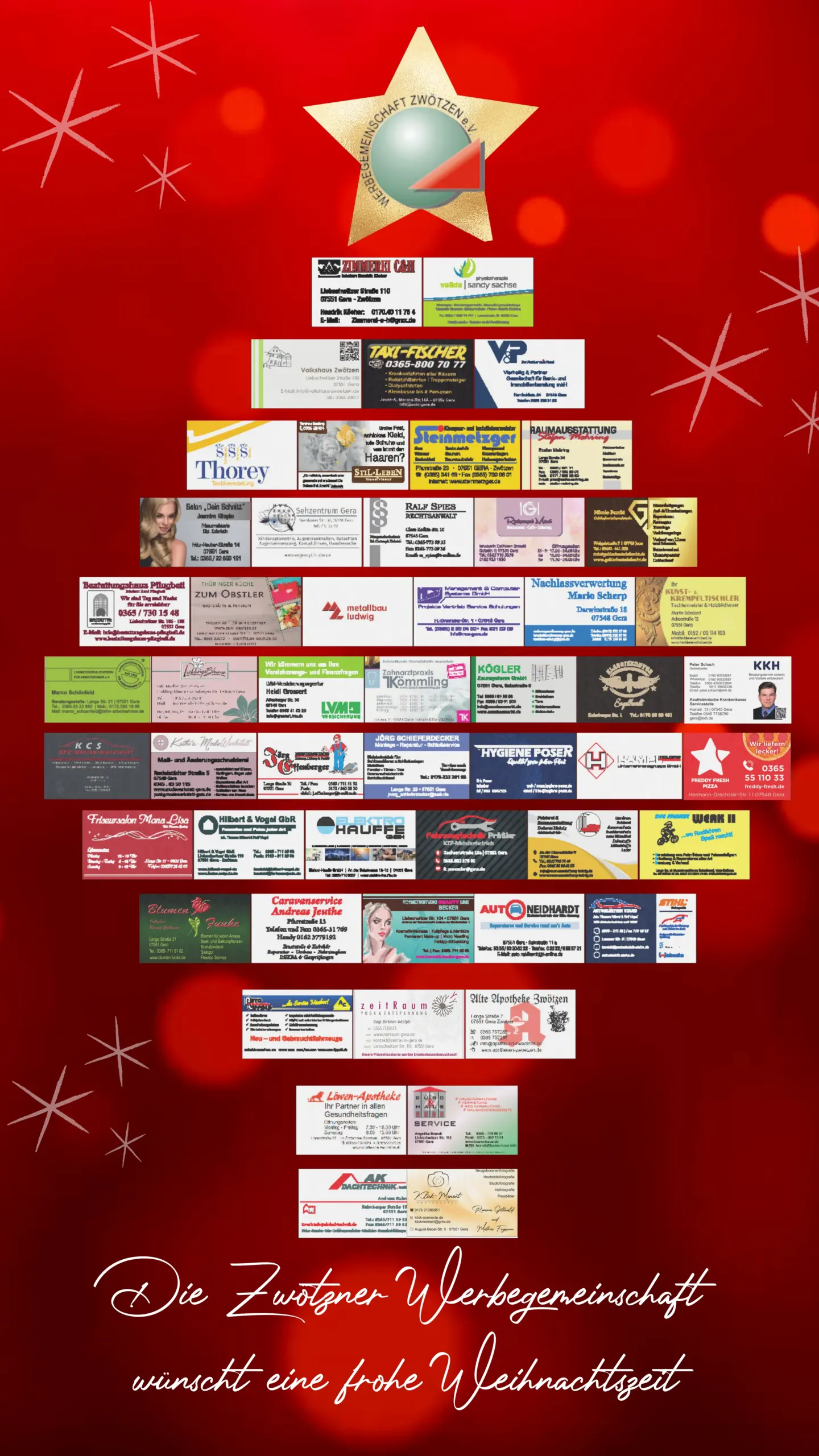 Weihnachtsbaum mit den Visitenkarten der Mitglieder, der Werbegemeinschaft Zwötzen e.V. für den Lebendigen Adventskalender in Zwötzen.